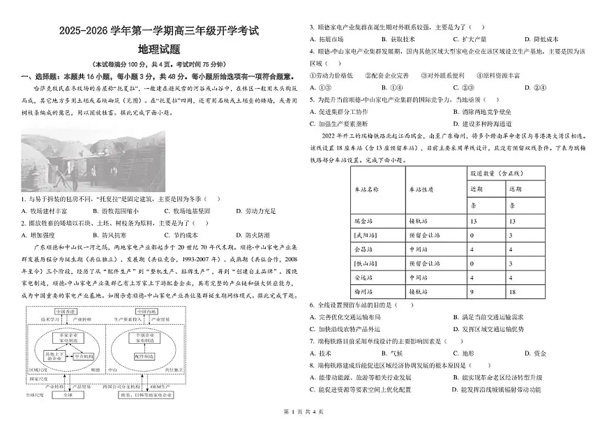 山西省太原市山西现代双语学校2025-2026学年高三上学期开学地理试题含答案第1页