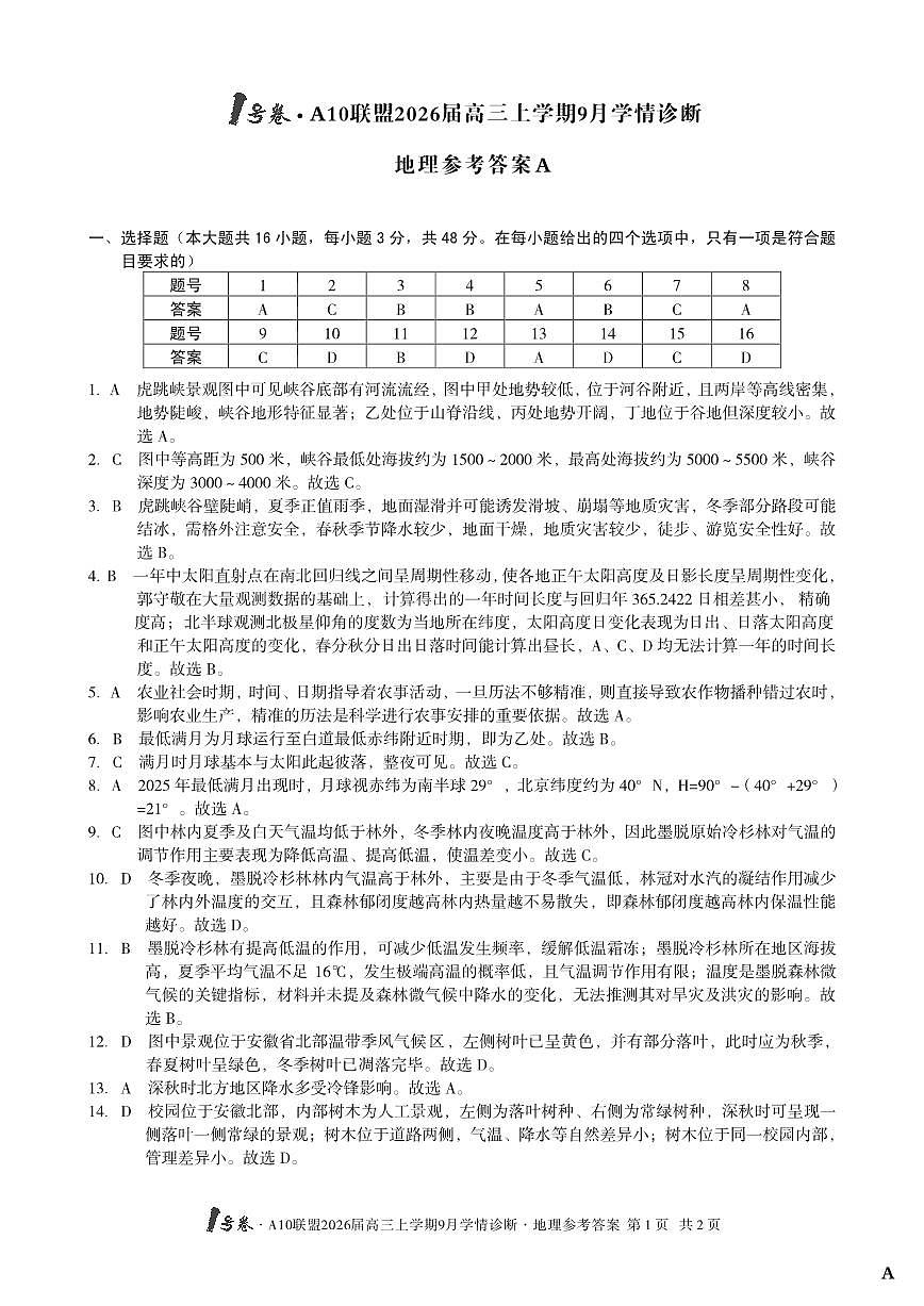 （地理A卷）1号卷·A10联盟2026届高三上学期9月学情诊断地理答案A第1页