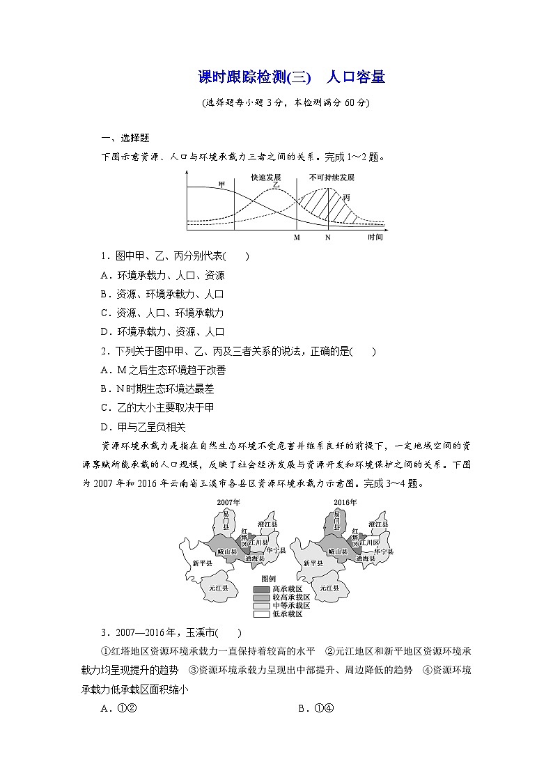 高一地理人教版必修二试题课时跟踪检测试题（三）人口容量Word版含解析第1页
