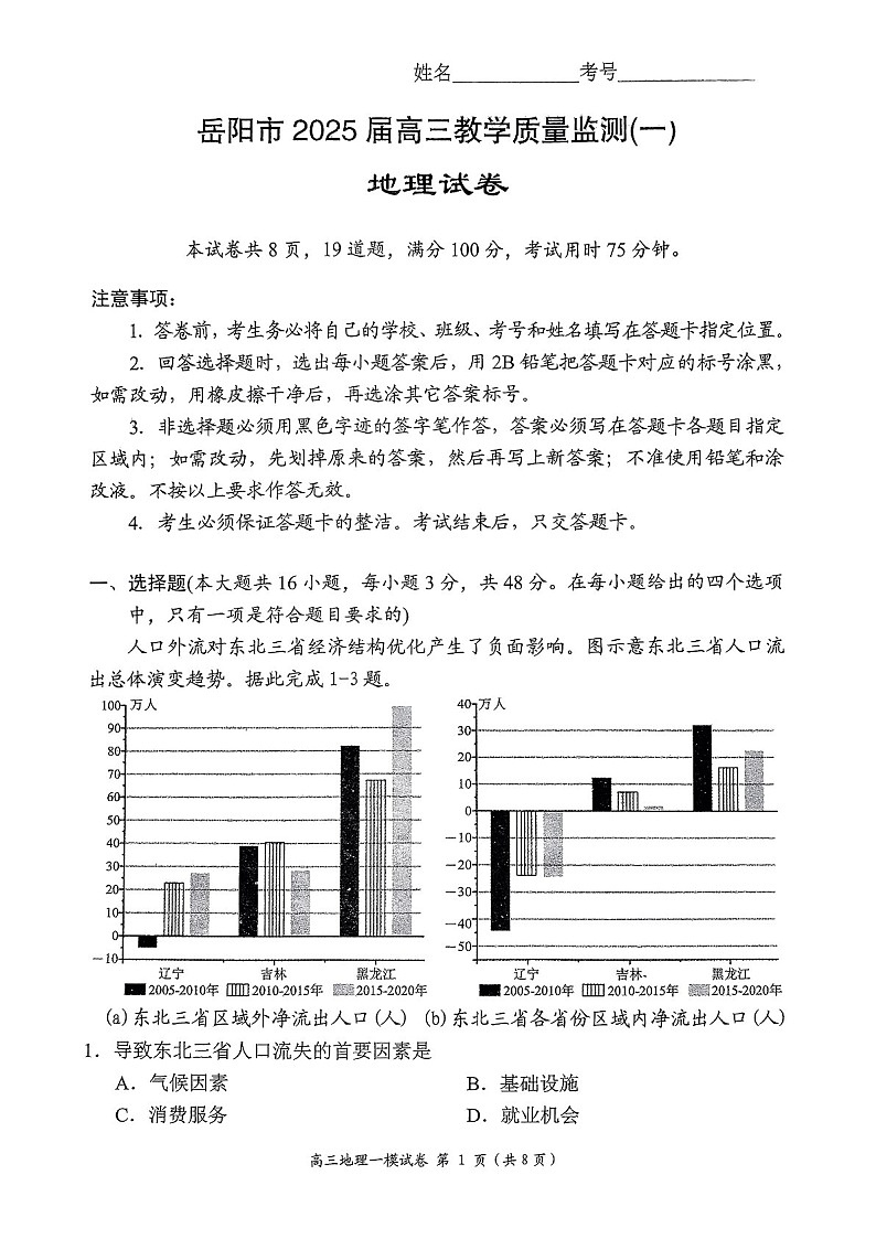 湖南省岳阳市2025届高三上学期教学质量监测（一）-地理试卷（含答案）第1页