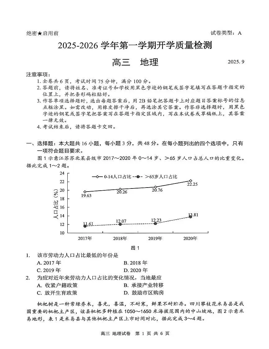 2026深圳多校联考高三上学期开学质量检测试题地理PDF版含答案第1页