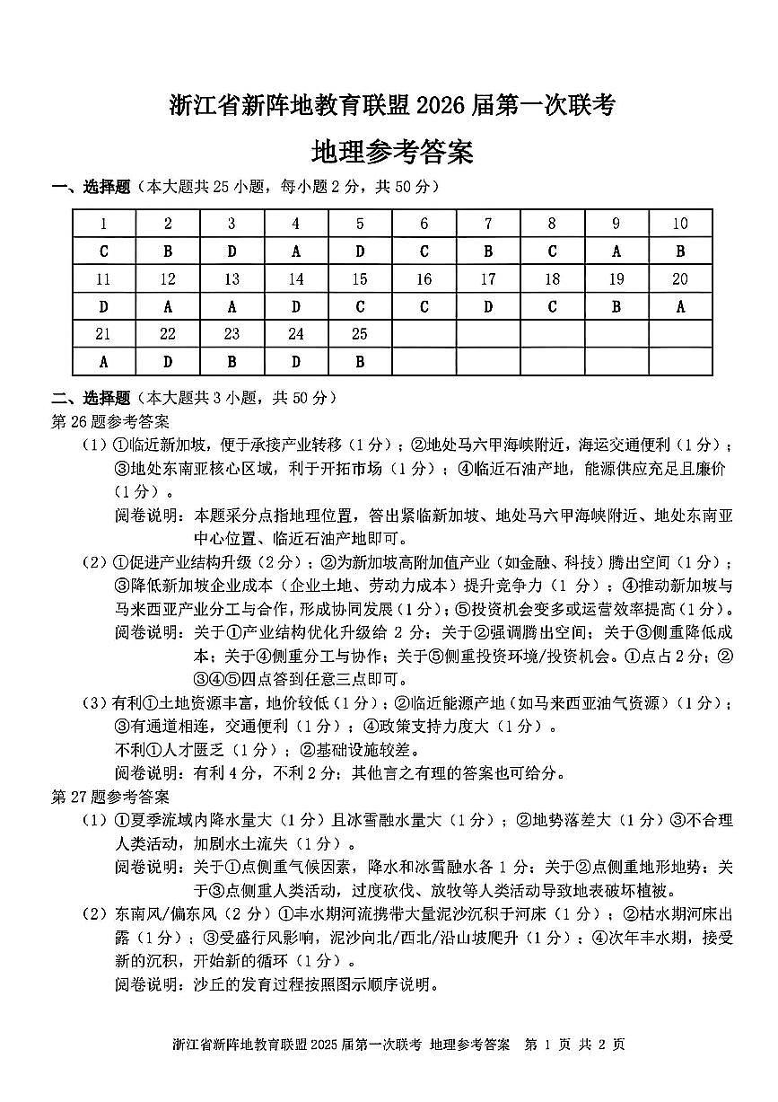 浙江省新阵地教育联盟2026届高三第一次联考+地理答案第1页