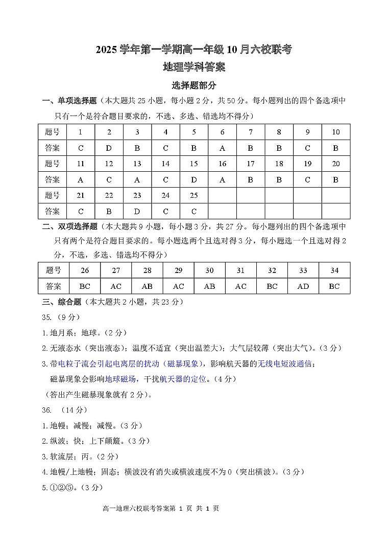 高一地理答案第1页