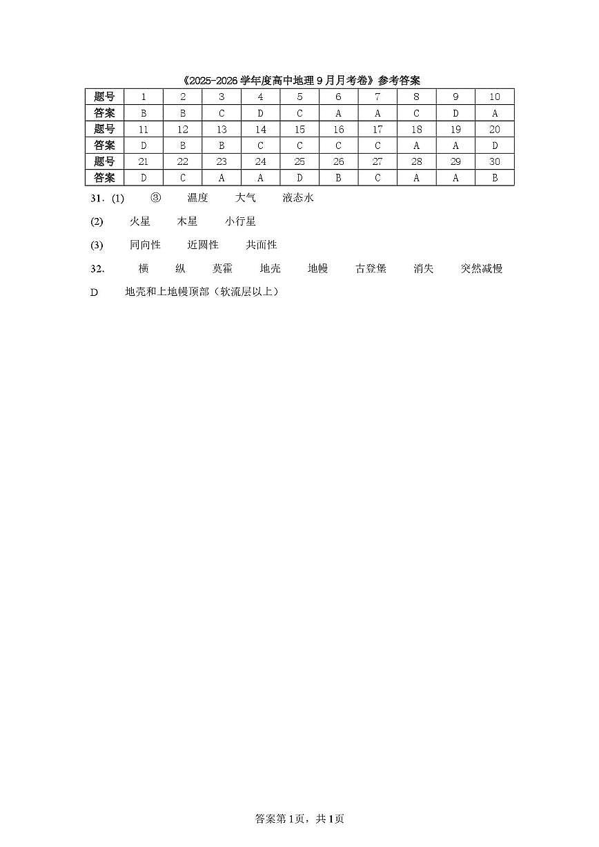 湖北省荆州中学2025-2026学年高一上学期9月月考 地理答案第1页