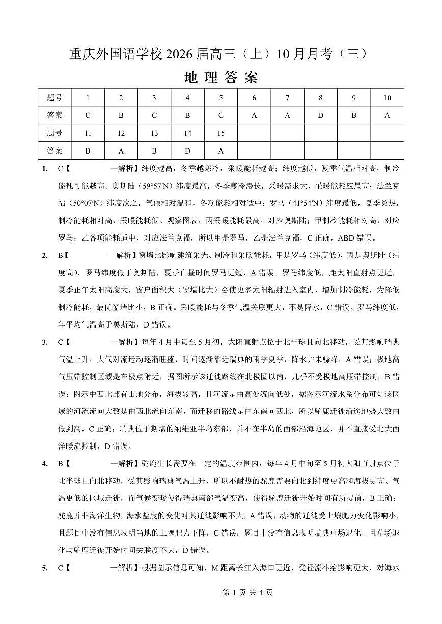 重庆外国语学校高2026届高三（上）10月月考（三）地理答案第1页