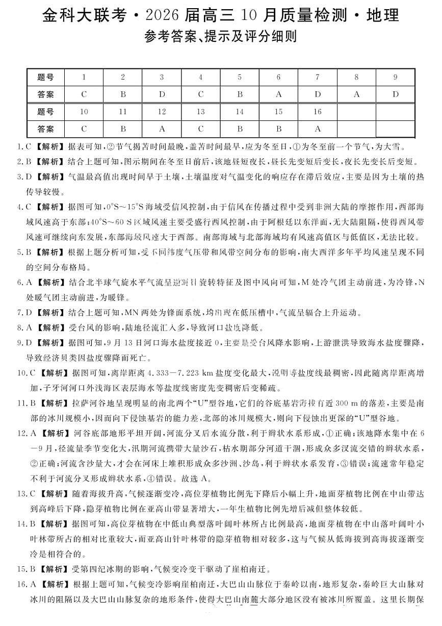金科大联考·河北省2026届高三10月质量检测+地理答案第1页