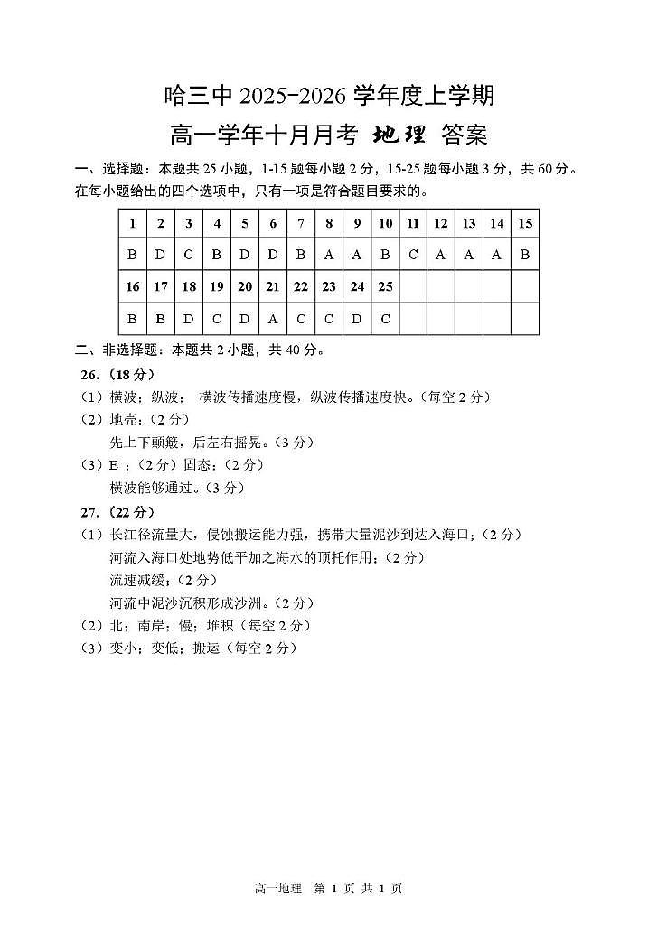 哈三25-26地理高一上10月月考 - 副本 (3) 哈三中2025-2026学年度上学期高一学年十月月考地理答案第1页