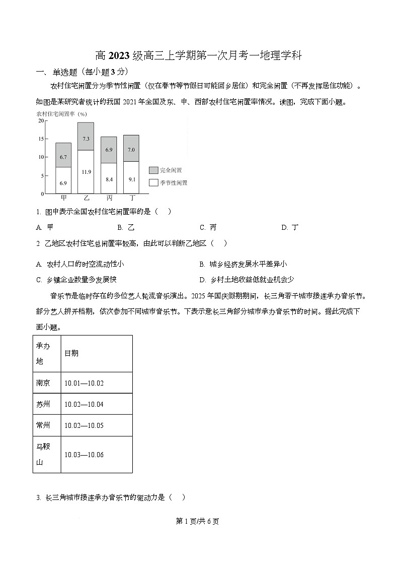 四川省广安中学2025-2026学年高三上学期10月月考地理试题  Word版无答案第1页