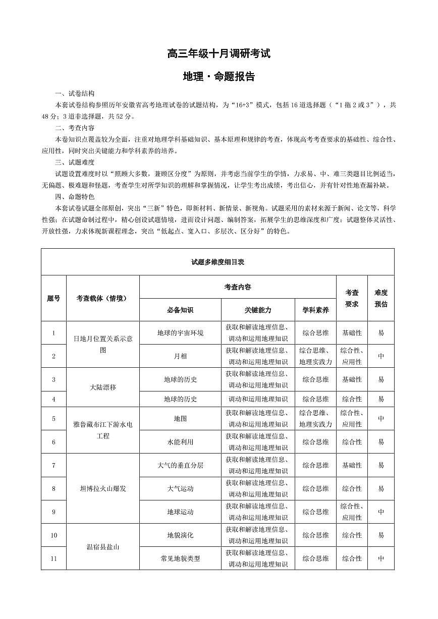 地理-安徽高三年级十月调研考试 命题报告第1页