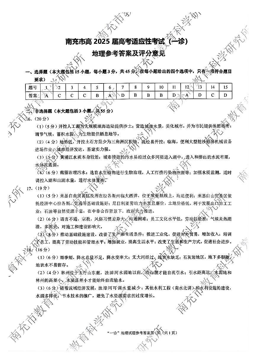 四川省南充市2025届高三高考适应性考试（一诊）地理答案第1页