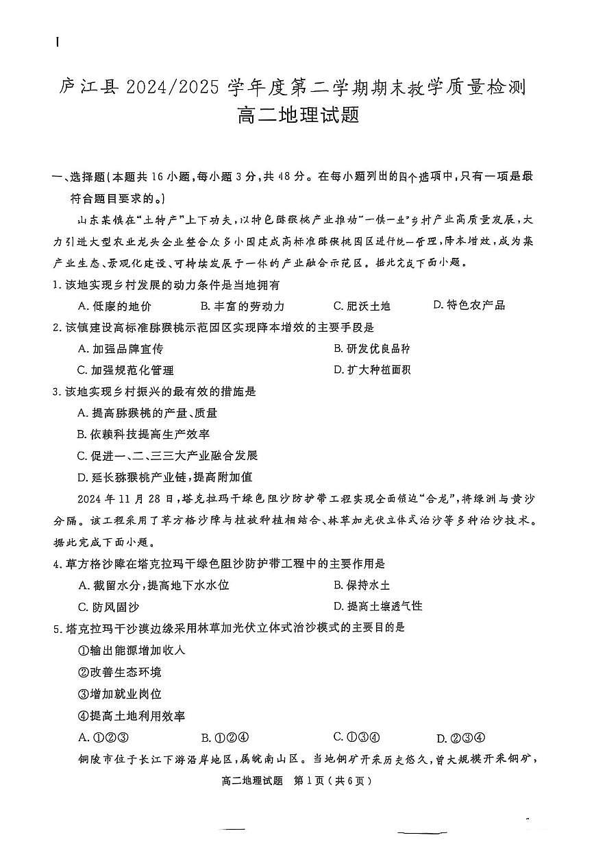 安徽省合肥市庐江县2024-2025学年高二下学期期末地理试卷第1页