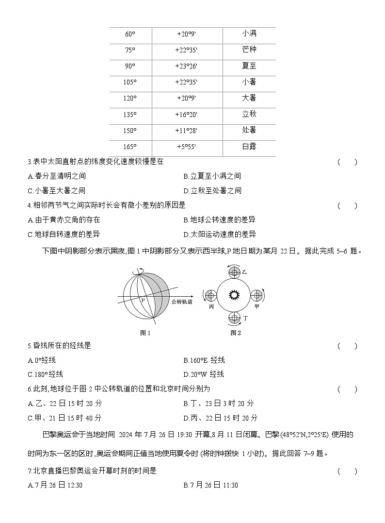 高二地理（人教版）选择性必修一试题阶段质量评价（1）地球的运动（Word版附解析）第2页