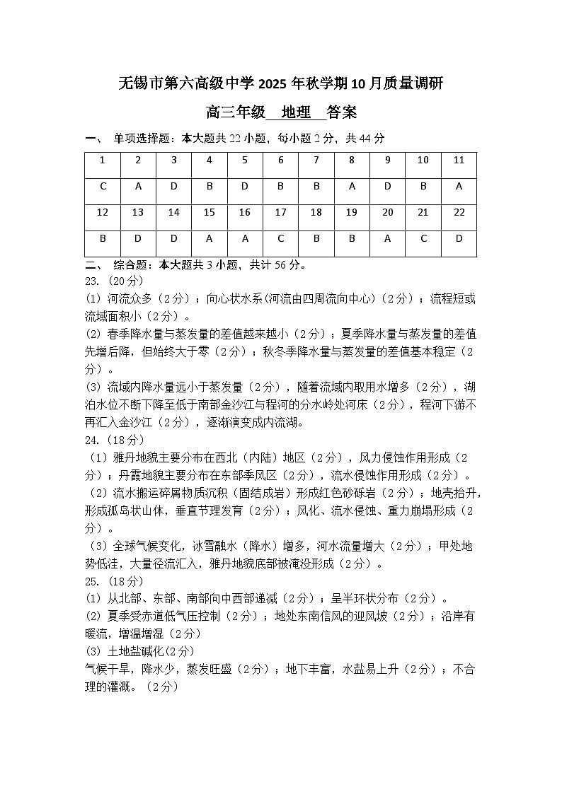 2025年秋学期10月质量调研 高三地理答案第1页