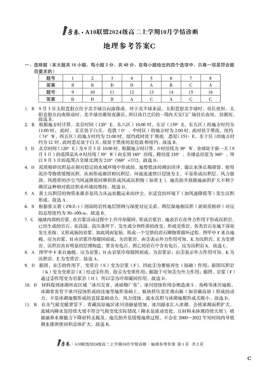 （C卷）1号卷·A10联盟2024级高二上学期10月学情诊断+地理答案C第1页