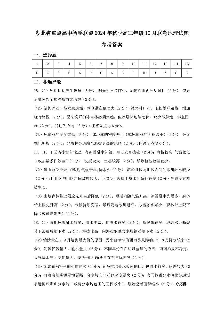 湖北省重点高中智学联盟2024年秋季高三年级10月联考地理试题参考答案第1页