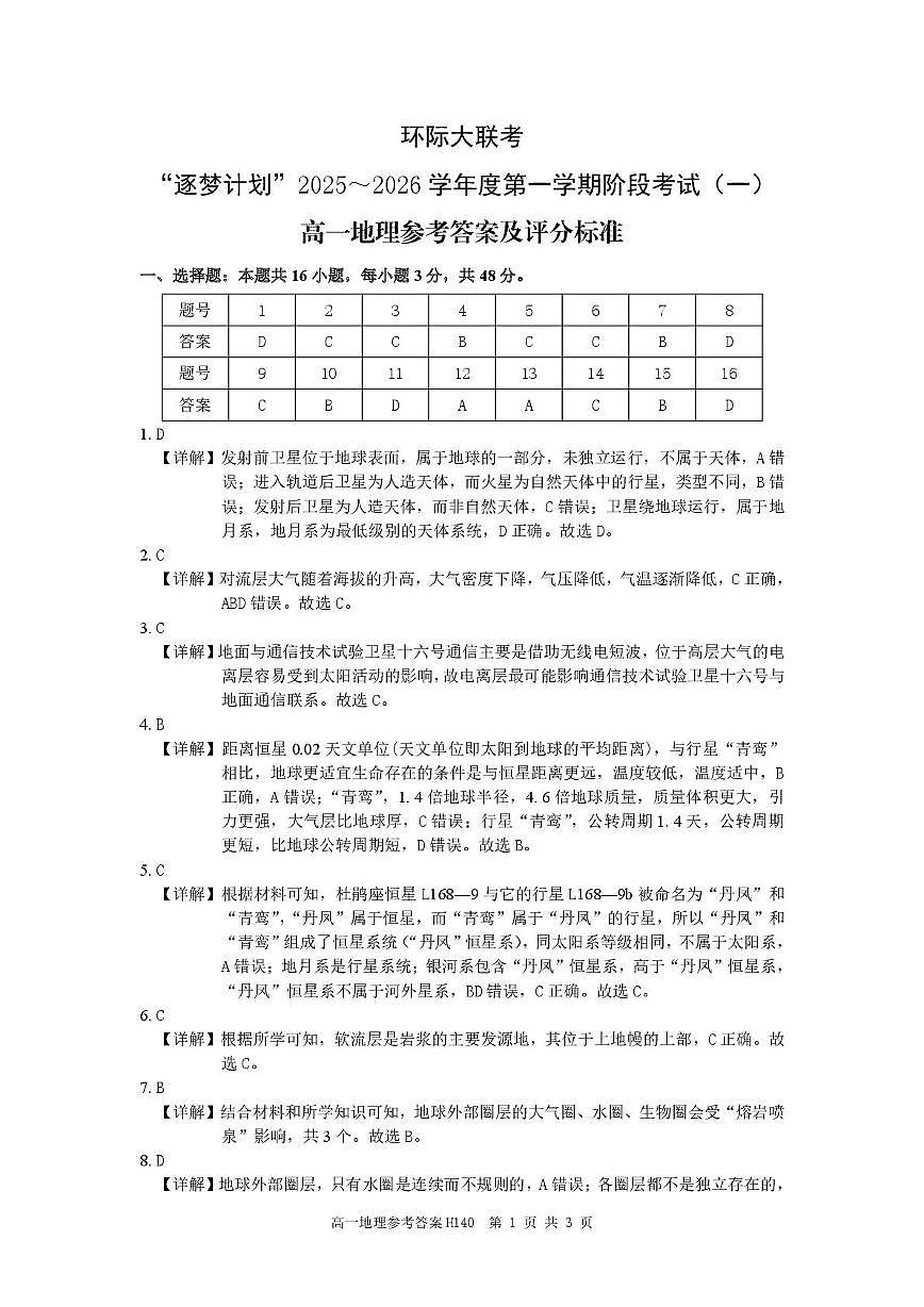 环际大联考逐梦计划”2025-2026学年度第一学期阶段考试（一）高一地理试题及参考答案 高一地理参考答案与评分标准第1页