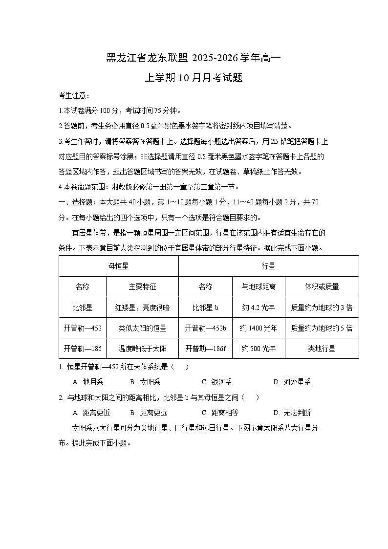 黑龙江省龙东联盟2025-2026学年高一上学期10月月考地理试卷（学生版）第1页