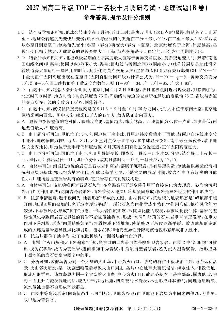 2027届高二TOP二十名校十月调研考试试卷答案第1页