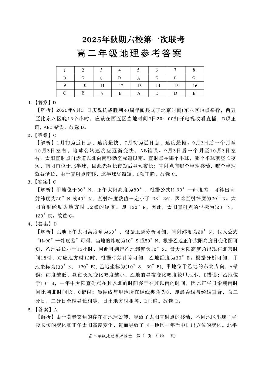 河南省南阳市六校2025-2026学年高二上学期第一次联考+地理答案第1页