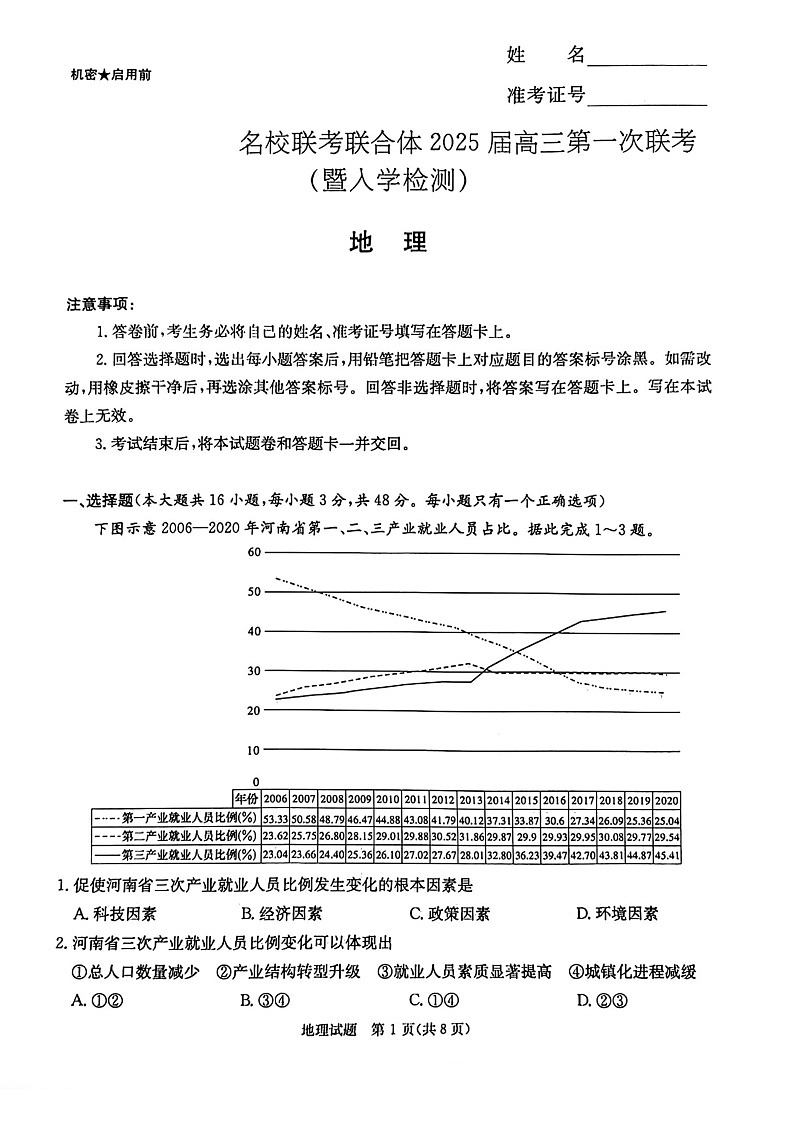 炎德·英才·名校联考联合体2025届高三第一次联考(暨入学检测) 地理试卷第1页