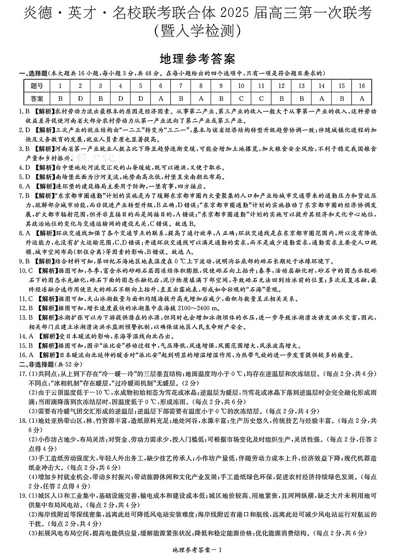 炎德·英才·名校联考联合体2025届高三第一次联考(暨入学检测) 地理答案第1页
