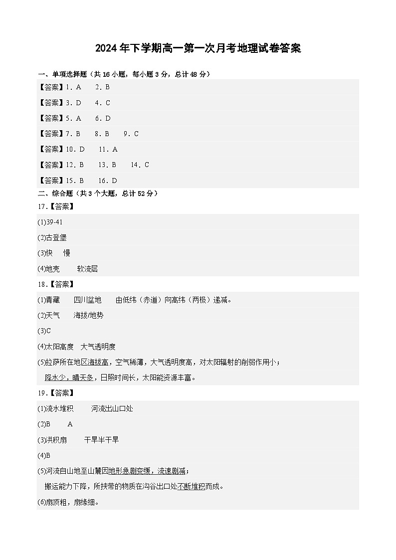 1.2024年下学期高一第一次月考地理试卷（答案）第1页