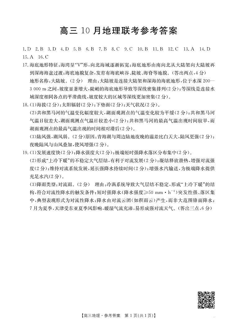 福建省2026届高三上学期10月联考（26-64C）地理答案第1页