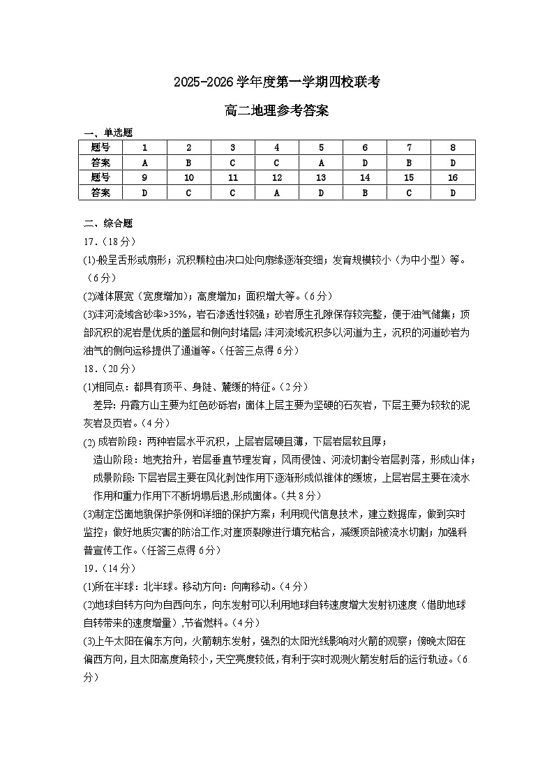 2025-2026学年度第一学期四校联考高二地理答案第1页