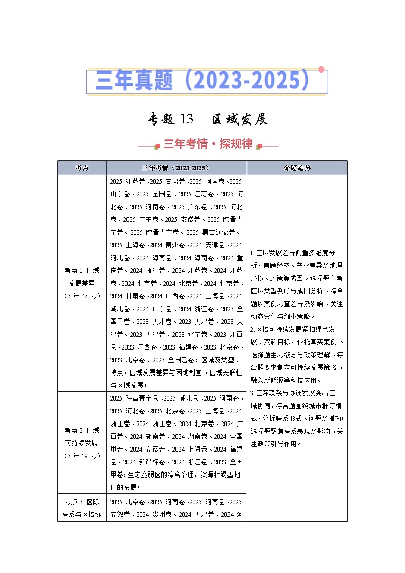 专题13 区域发展（全国通用）（原卷版）第1页