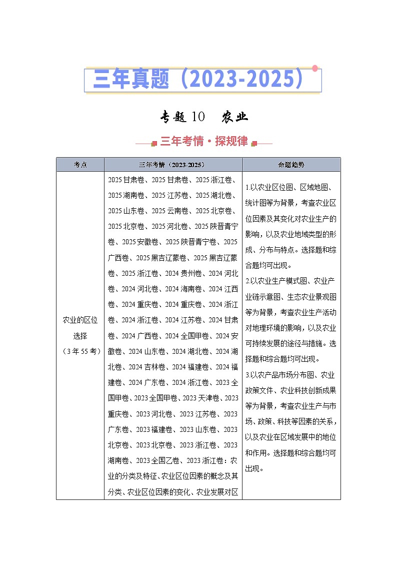 专题10 农业（全国通用）（原卷版）第1页