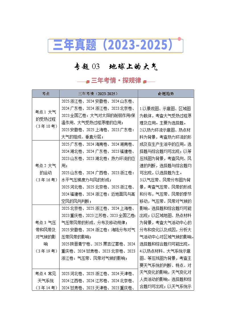 专题03 地球上的大气（全国通用）（原卷版）第1页