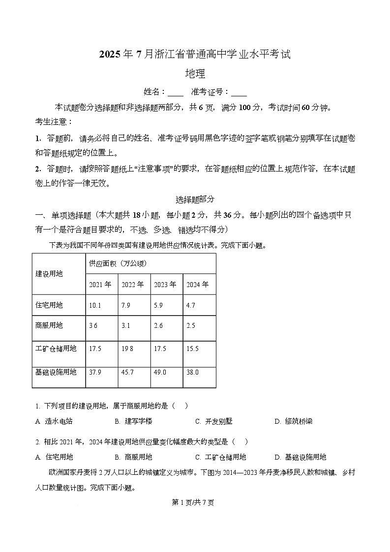 2025年7月浙江省普通高中学业水平地理试题 Word版无答案第1页