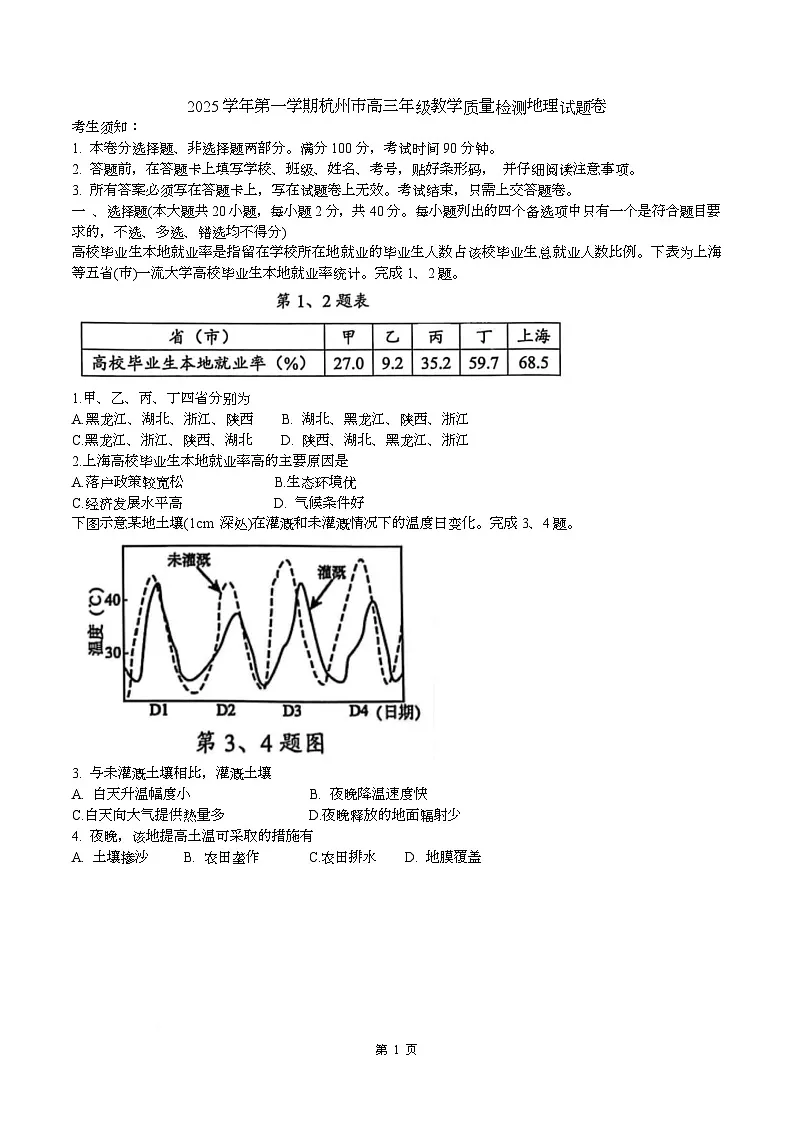 2026届浙江省杭州市高三一模地理试题word版第1页