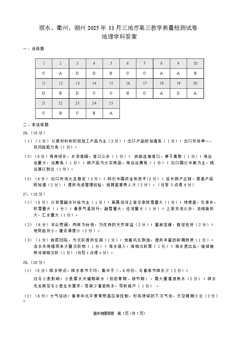 丽水、衢州、湖州2025年11月高三地理学科答案10.23第1页