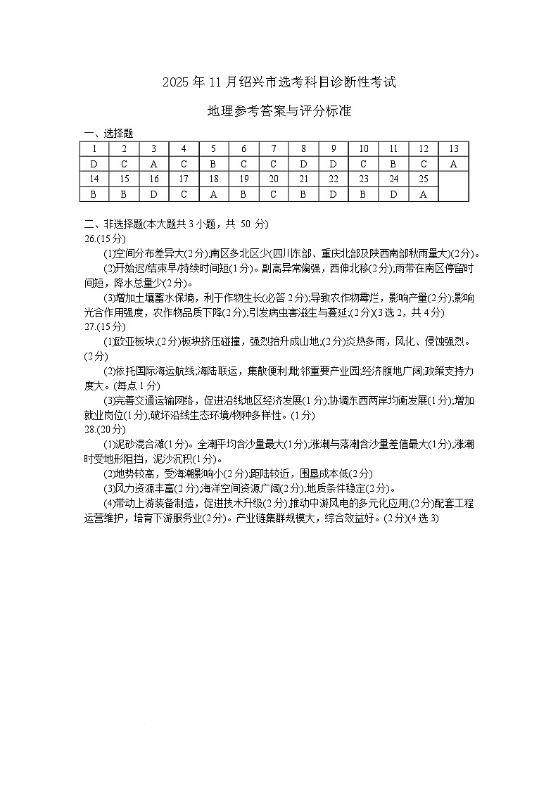 20251105绍兴一模地理答案第1页