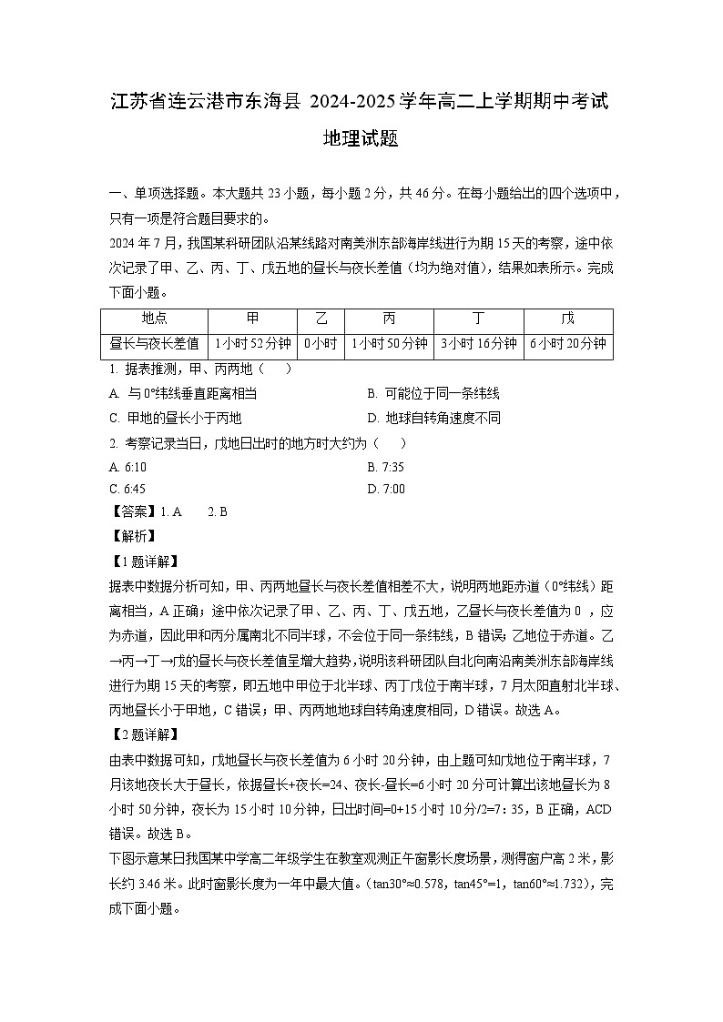 2024~2025学年江苏省连云港市东海县高二（上）期中考试地理试题（解析版）第1页
