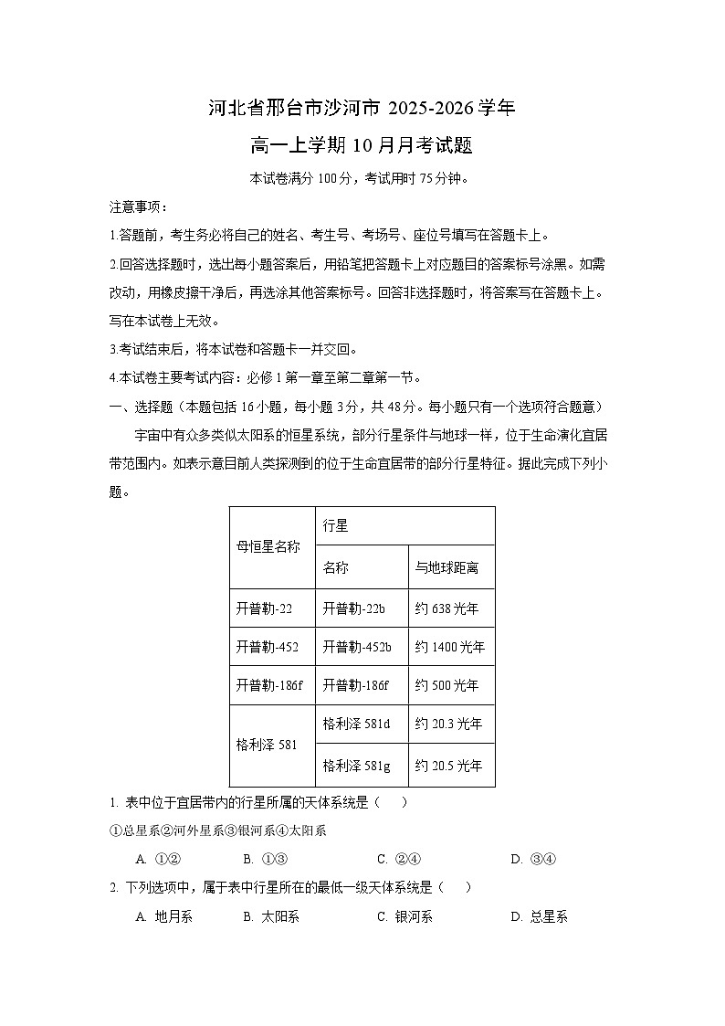 2025~2026学年河北省邢台市沙河市高一（上）10月月考地理试题（解析版）第1页