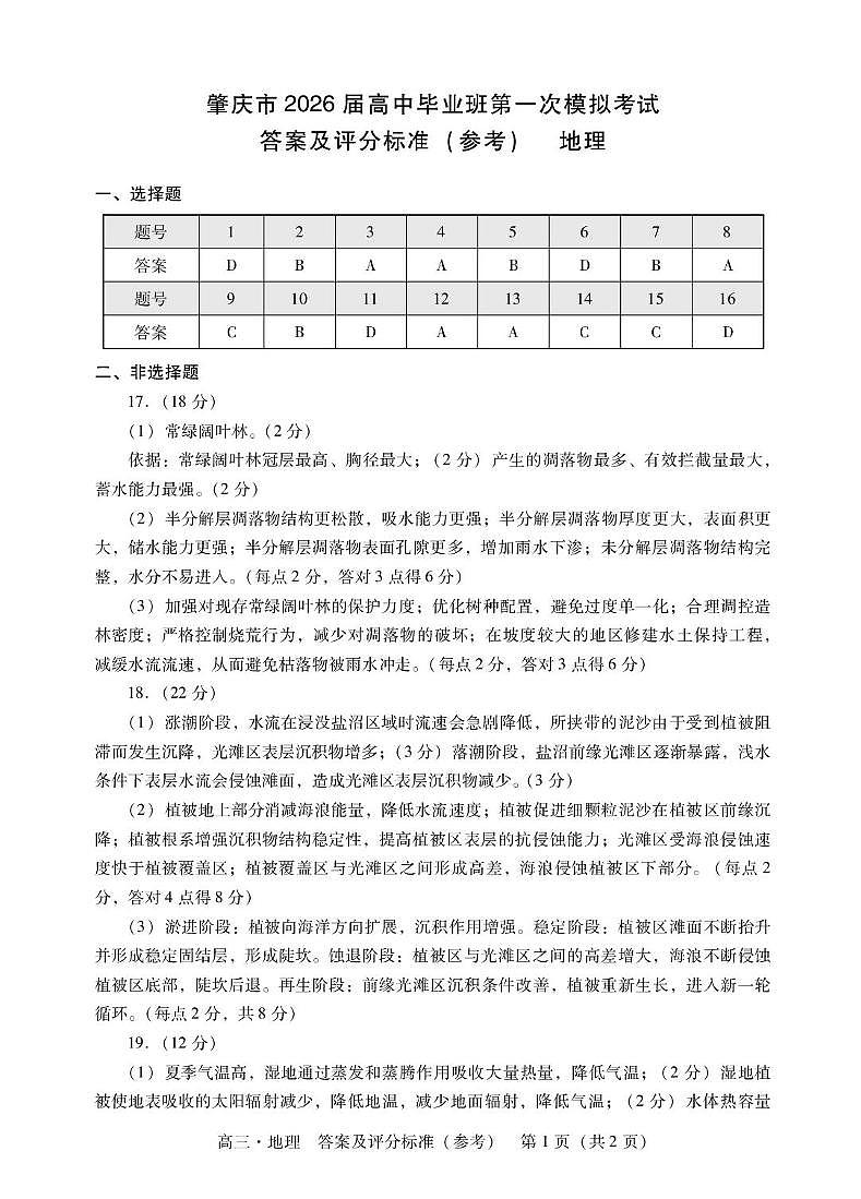 肇庆高三一模试卷·地理 肇庆高三一模答案·地理第1页