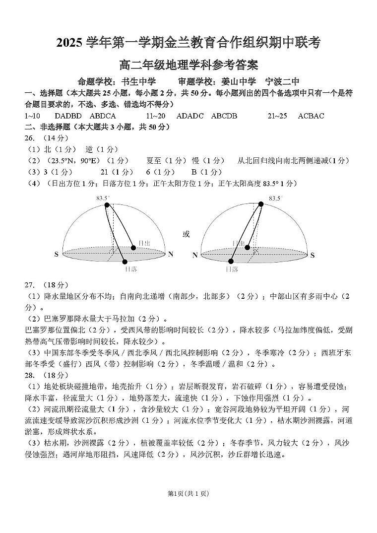 高二地理参考答案第1页