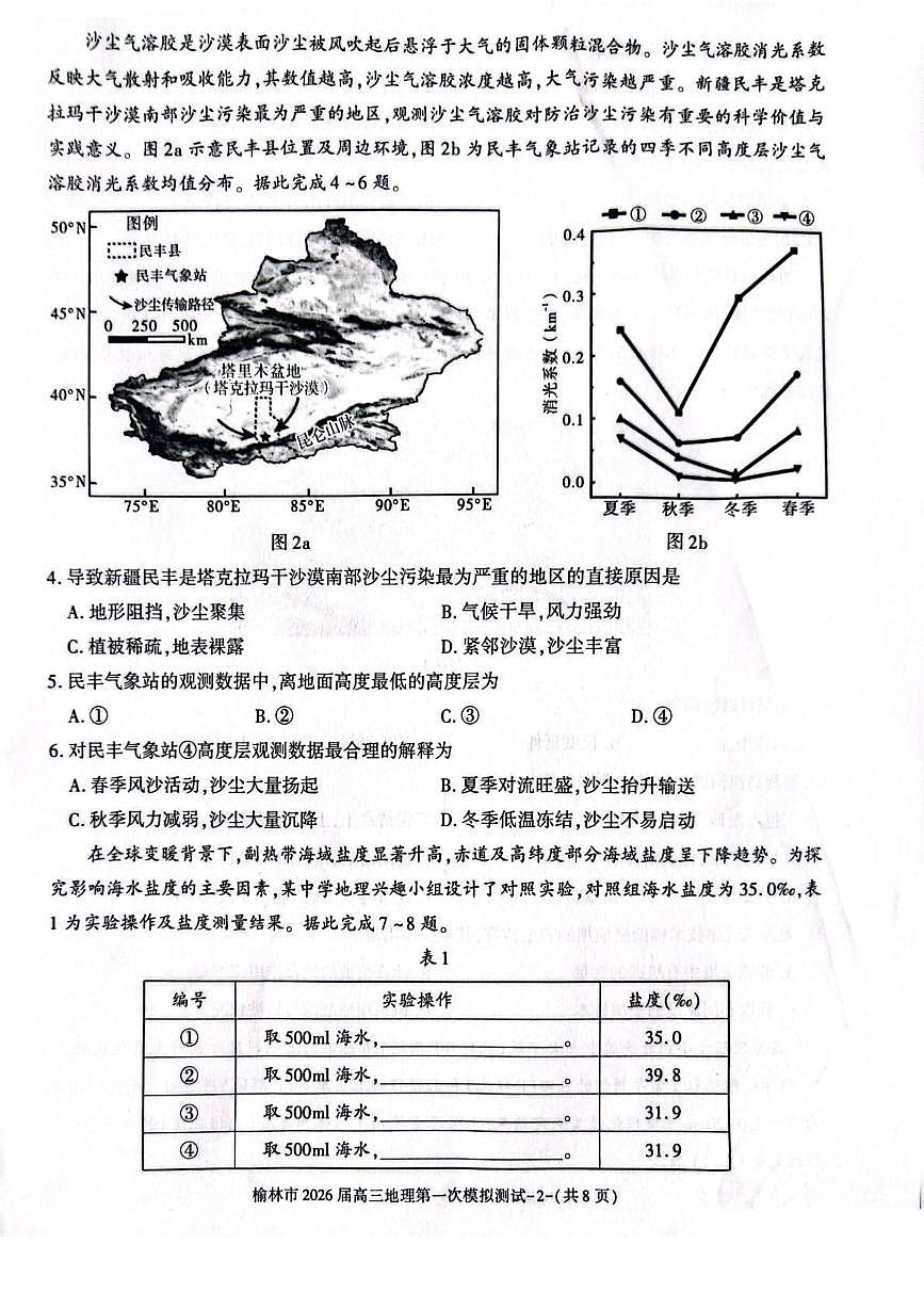 陕西省榆林市2026届高三上学期高考一模地理试卷（含解析）第2页