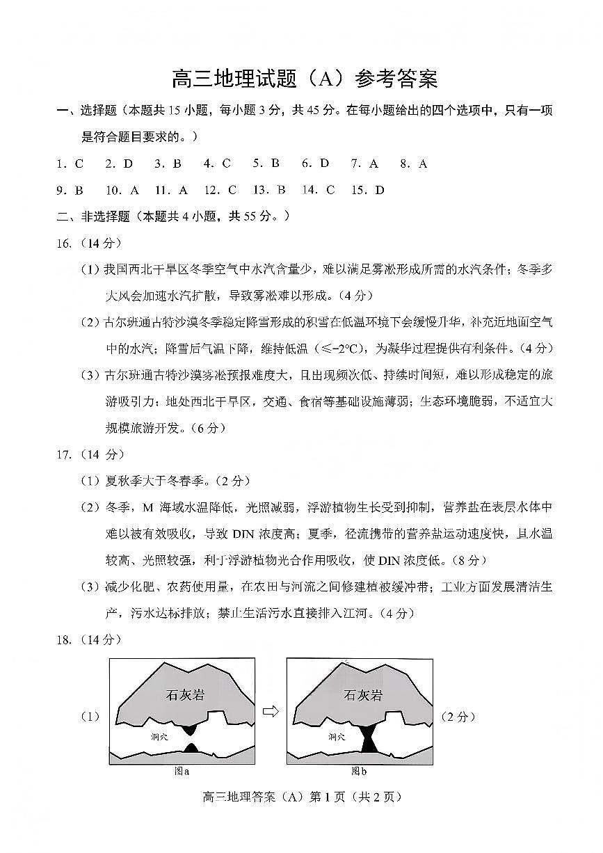 菏泽市A类高中2026届高三第一学期期中考试地理答案第1页