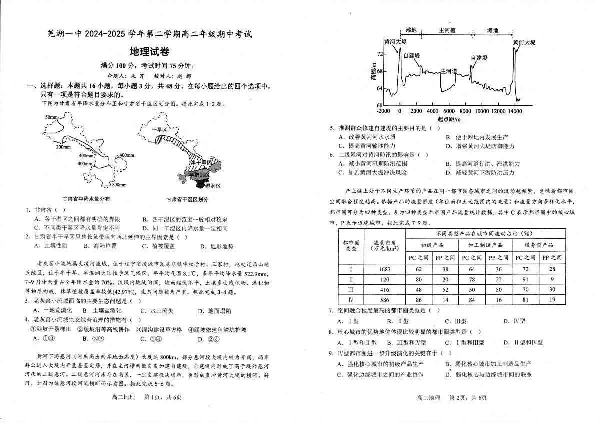 安徽省芜湖市第一中学2024-2025学年高二下学期期中考试地理试题第1页