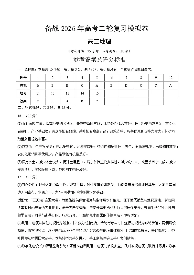 2026年高考地理模拟卷（答案及评分标准）第1页