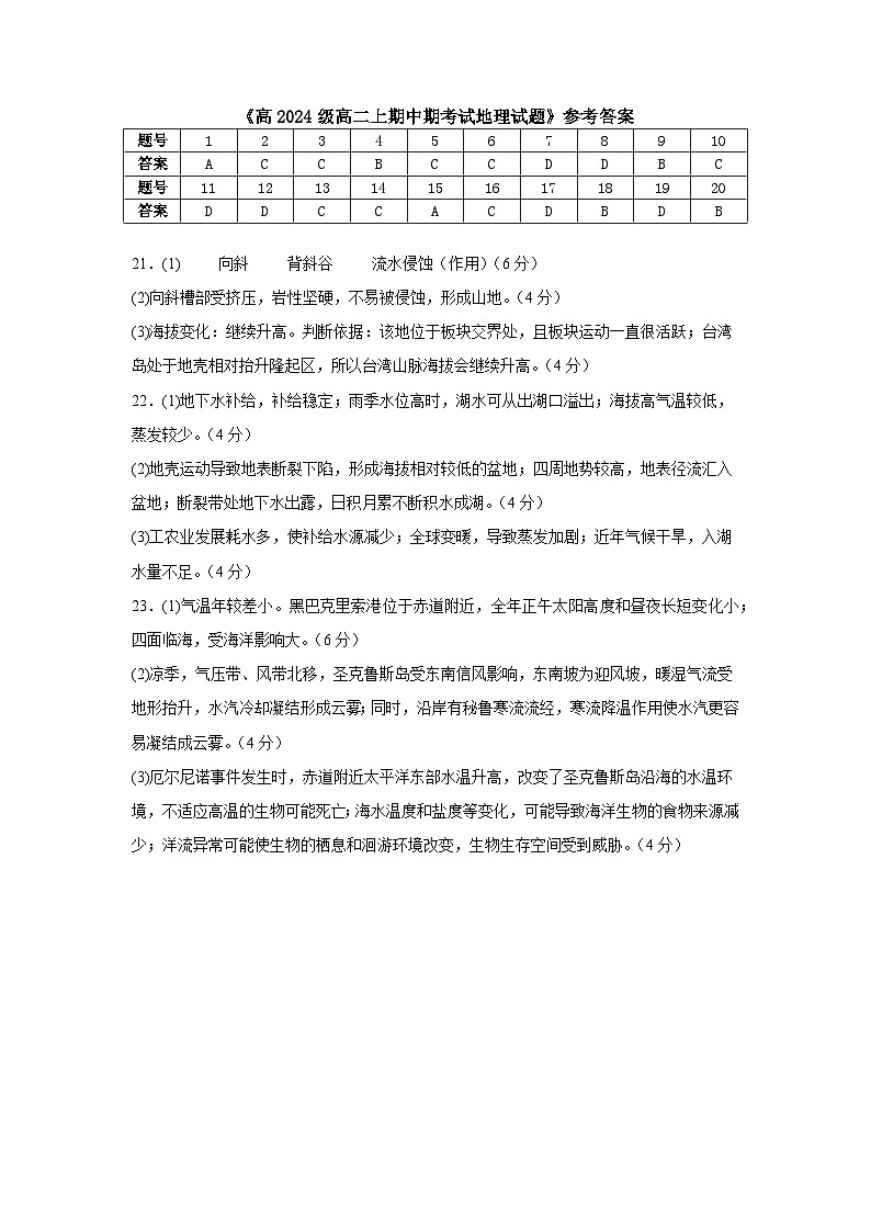 高2024级高二上期中期考试地理试题参考答案第1页