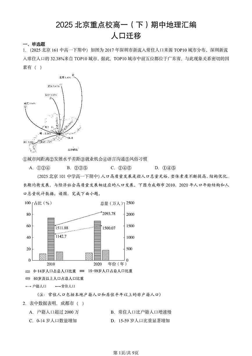 2025北京重点校高一（下）期中地理汇编：人口迁移第1页