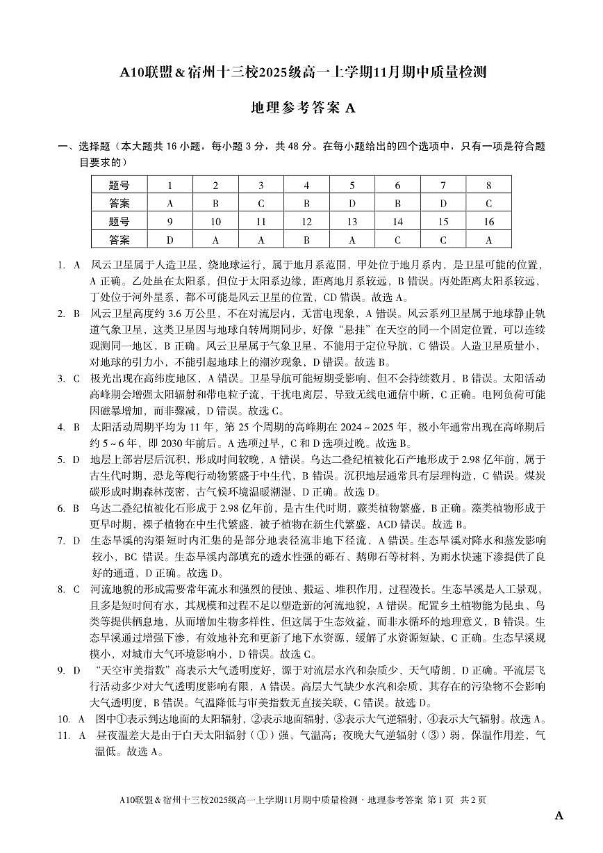 【地理答案】（A卷）A10联盟＆宿州十三校2025级高一上学期11月期中质量检测地理答案A第1页