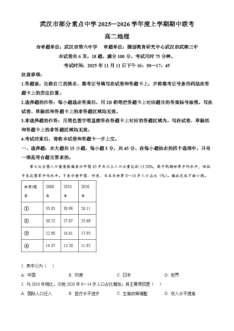 湖北省武汉市部分重点中学2025-2026学年高二上学期期中联考地理试题 Word版含解析第1页