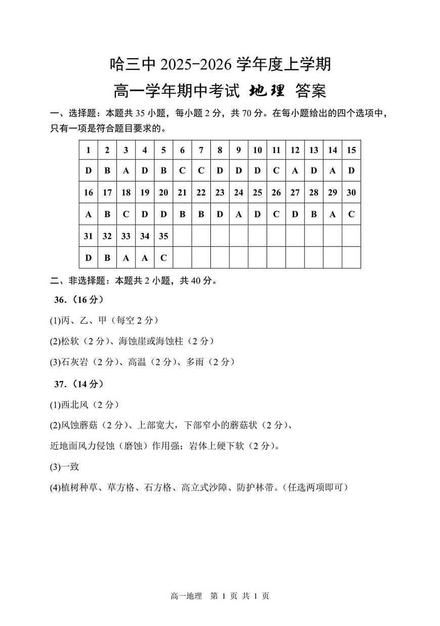 哈三中2025-2026学年度上学期高一学年期中考试地理答案第1页
