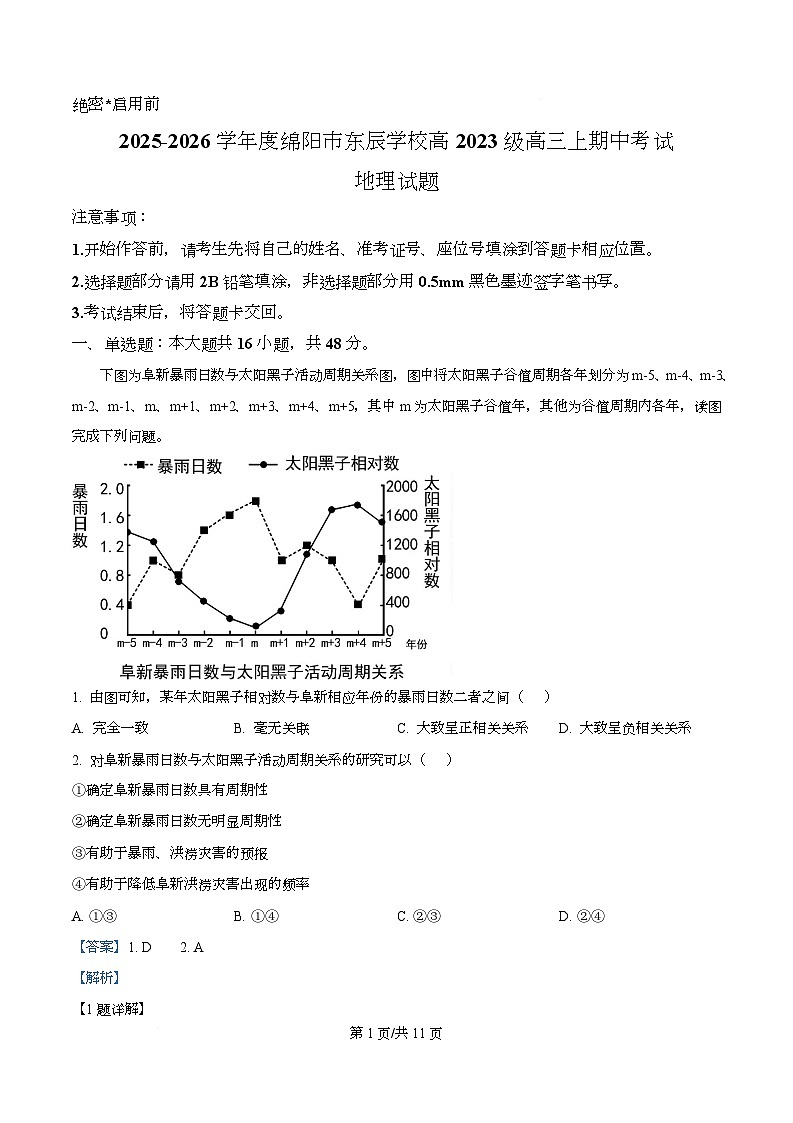 四川省绵阳市东辰学校2026届高三上学期期中考试地理试题 Word版含解析第1页
