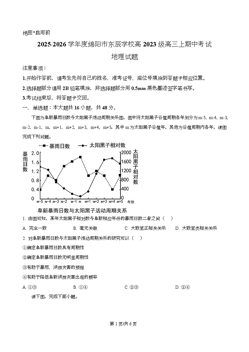 四川省绵阳市东辰学校2026届高三上学期期中考试地理试题（原卷版）第1页